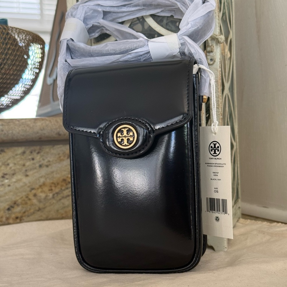 NEW Tory Burch Robinson Spazzolato Phone Crossbody - Leather - Black